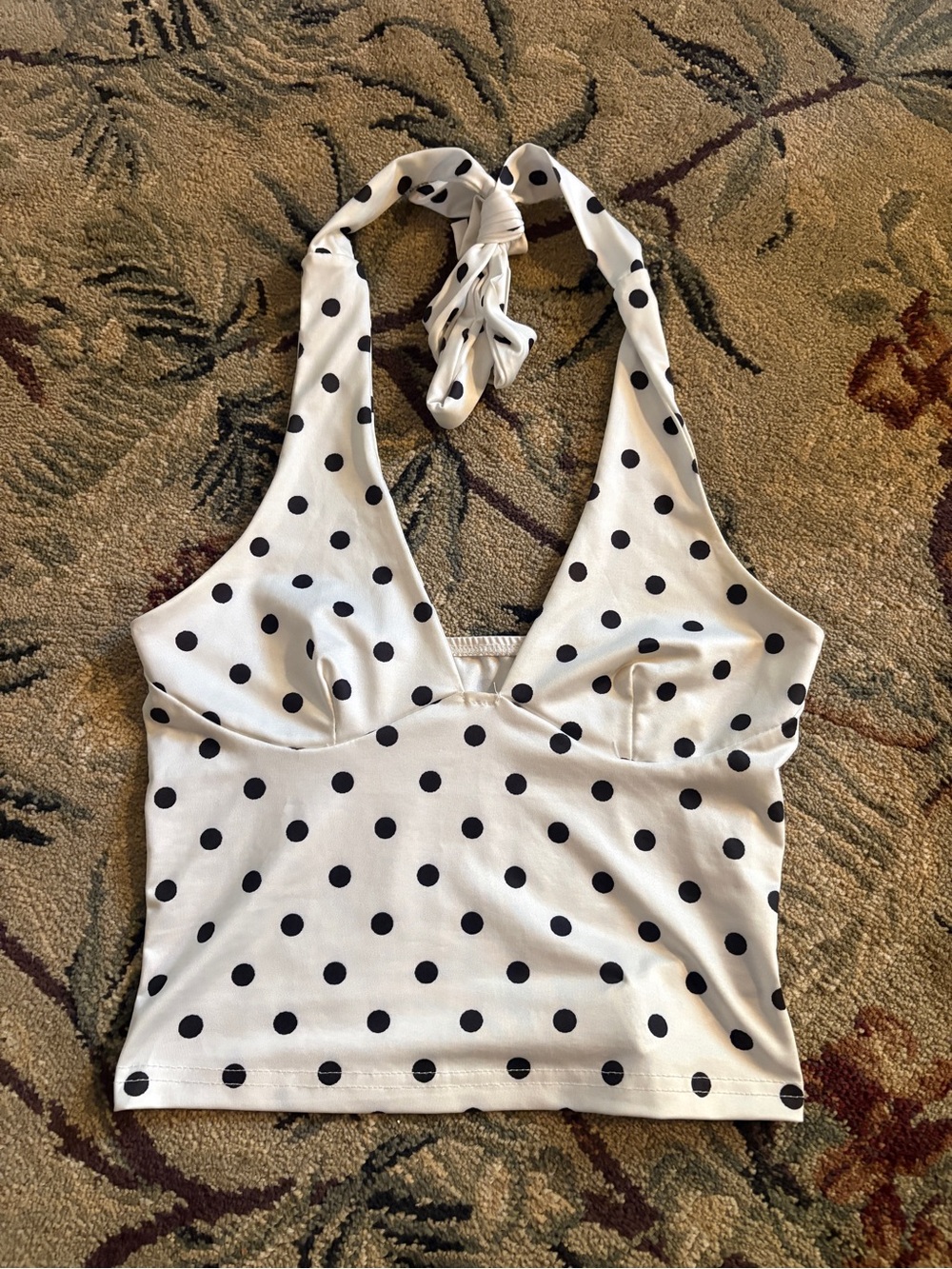 SHEIN White Halter Polka Dot Crop Top with Black Dots